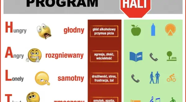 Program HALT: głód alkoholowy, agresja, samotność, zmęczenie to sygnały nawrotu choroby alkoholowej.