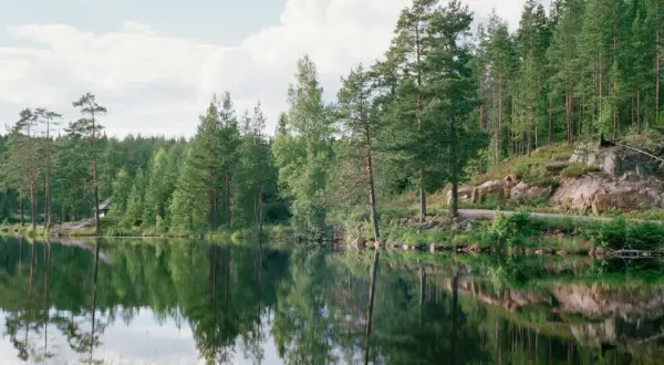 Spegelblank sjö med skog och en liten stuga vid stranden, kanske en del av Malingsbo herrgård.