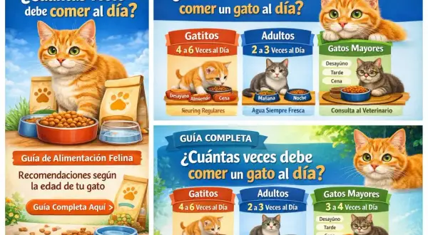 Guía de alimentación felina: ¿cuántas veces al día come un gato? Se detalla la frecuencia para gatitos, adultos y gatos mayores, con recomendaciones visuales.