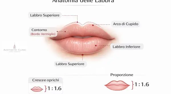 Anatomia delle labbra: il contorno del viso evidenzia l'arco di Cupido e le proporzioni ideali.