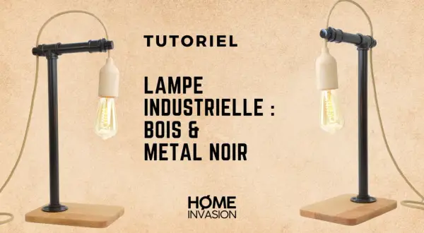 Lampada fai da te industriale in legno e metallo nero, con lampadina a filamento.