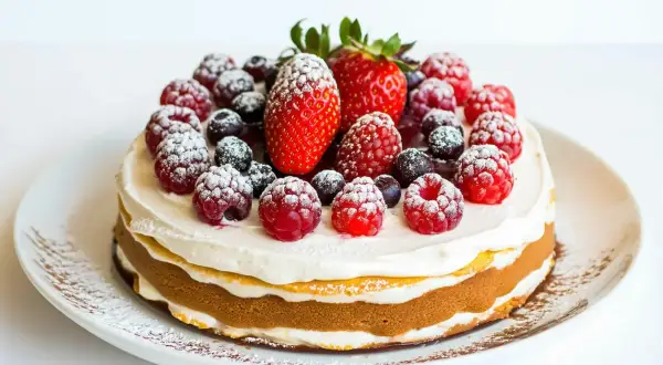 Un délicieux tiramisu fruits rouges, garni de fraises, framboises et myrtilles saupoudrées de sucre glace.