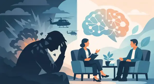 En man med mörka moln och helikoptrar bakom sig, som symboliserar trauma, sitter i samtal med en terapeut. Bilden visar vägen till ptsd behandling och läkning.
