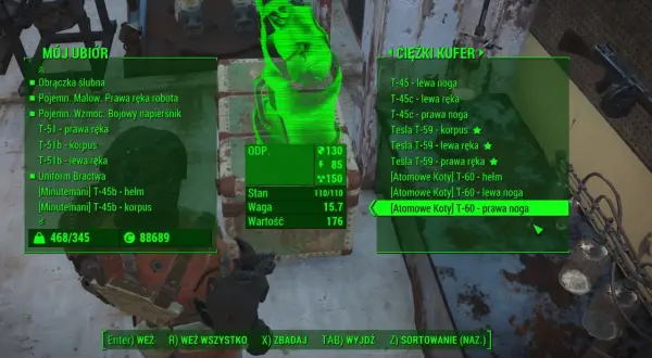 Interfejs gry Fallout 4 z listą ekwipunku i przedmiotów. Gracze szukają tu fallout 4 kody na pancerze i wyposażenie.