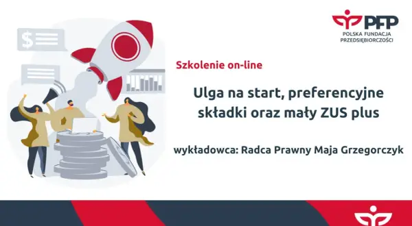 Szkolenie o uldze na start, preferencyjnym ZUS i małym ZUS plus. Grafika z rakietą i ludźmi.