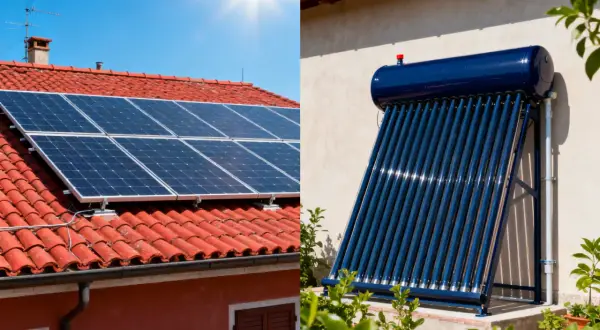 Pannelli solari sul tetto e collettori solari termici a tubi sottovuoto mostrano come funziona l'energia solare per produrre elettricità e acqua calda.