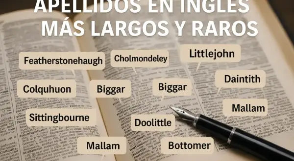 Apellidos ingleses raros y largos como Featherstonehaugh, Cholmondeley y Doolittle, mostrados en un diccionario.