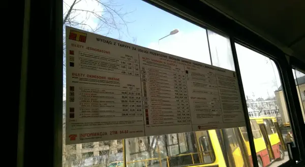 Taryfa biletowa ZTM Warszawa, strefa 1 i 2. Wykaz biletów jednorazowych i okresowych, ceny normalne i ulgowe.