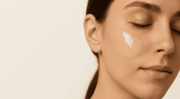 Nahaufnahme einer Frau mit geschlossenen Augen, auf deren Wange ein Gel mit kleinen Bläschen aufgetragen ist. Mögliche glycerin nebenwirkungen sind hier kein Thema.