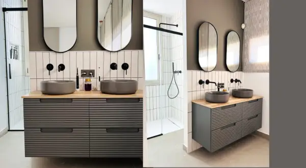 Moderno baño con doble lavabo y ducha. Consulta el precio reforma baño pequeño para un diseño similar.
