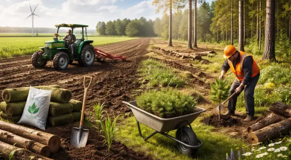 Pracownik sadzi drzewka, traktor orze pole. Rozpoczyna się rekultywacja terenu, by przywrócić mu życie.