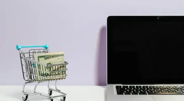 Mini wózek sklepowy z banknotami i laptopem. Klik i pachniesz opinie o zakupach online.