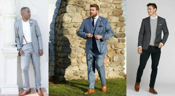 Drei Männer in Anzügen. Links ein Mann in einem hellgrauen Anzug mit braunen Schuhen. Mitte ein Mann in einem blauen Anzug mit braunen Schuhen. Rechts ein Mann in einem grauen Sakko, schwarzer Hose und braunen Schuhen.