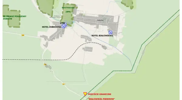 Mapa Białowieży z zaznaczonymi atrakcjami: Rezerwat Żubrów, Park Pałacowy, PTTK, Hotele Żubrówka i Białowieski, przejście graniczne. Twój białowieża plan zwiedzania.