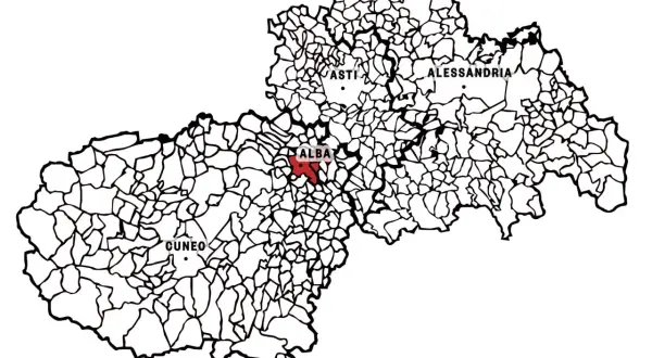 Mappa del Piemonte con Alba evidenziata in rosso. Qui si trovano le origini del pregiato vino Barbaresco, noto per le sue caratteristiche uniche.