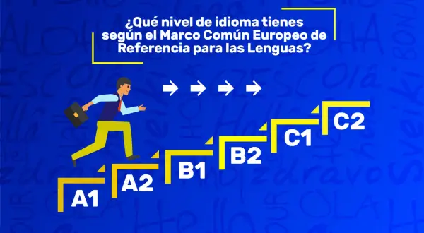 Hombre subiendo escalones con niveles de idioma (A1-C2). ¿Qué nivel de inglés tienes?