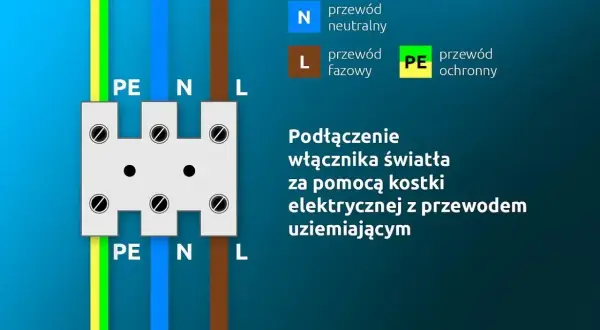 Schemat podłączenia włącznika światła podwójnego trzy przewody: PE, N, L. Ilustracja pokazuje kostkę elektryczną z oznaczeniami przewodów.