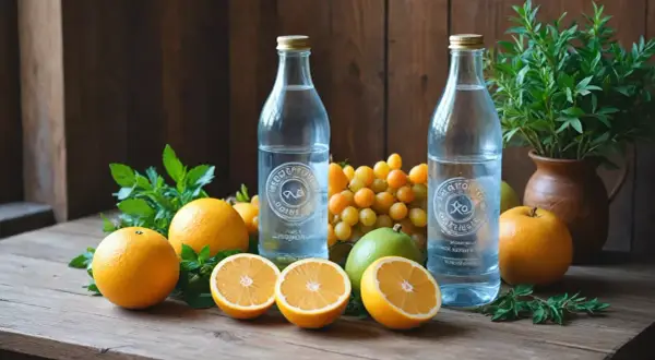 Dwie butelki wody Borjomi, cytrusy i winogrona na drewnianym stole. Ile pić wody Borjomi? Zależy od potrzeb.