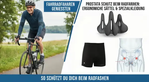 Rowerzysta cieszy się jazdą, a grafika pokazuje, jak dbać o prostatę podczas jazdy na rowerze: ergonomiczne siodełka i specjalna odzież.