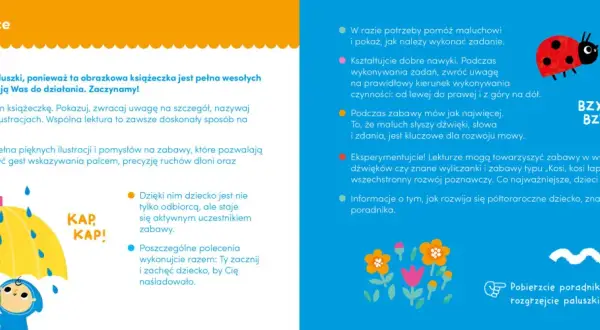 Książeczka pełna zabaw i ilustracji, które rozwijają mowę i motorykę. Wesołe zabawy paluszkowe cele to nauka przez naśladowanie.