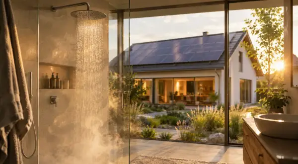 Dusche mit Blick auf ein modernes Einfamilienhaus mit Solaranlage. Ein Beispiel für bewussten Wasserverbrauch, ideal für zwei Personen.