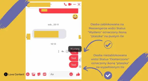 Jak sprawdzić czy ktoś cię zablokował na Messengerze? Zablokowana osoba widzi status "Wysłano" z pustym ptaszkiem, niezablokowana "Dostarczono" z pełnym.