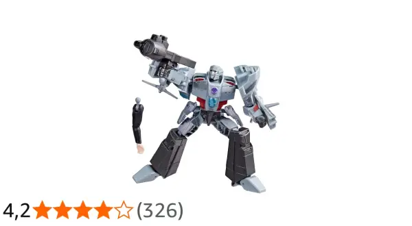 Szara zabawka Megatron z pistoletem i małą postacią obok.