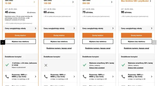Porównanie planów taryfowych: XS (15 GB, 45 zł), S (100 GB, 65 zł), M (350 GB, 75 zł), L (bez limitu, 95 zł). Orange Flex to elastyczna oferta.