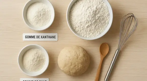 Pour remplacer la gomme de xanthane, la gomme de guar est une excellente alternative. L'image montre ces ingrédients pour la pâtisserie.