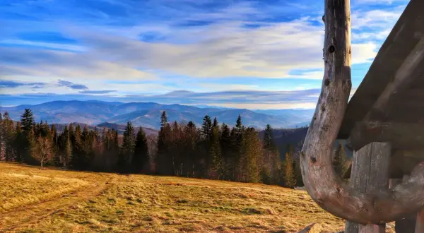 Górski krajobraz z lasem, polaną i drewnianą konstrukcją na pierwszym planie.