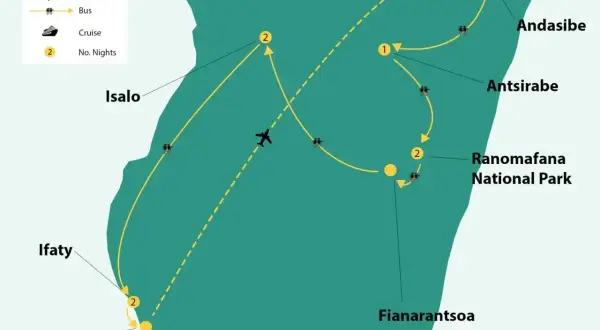 Mapa Madagaskaru z trasą podróży: loty, autobusy i noclegi. Zastanawiasz się, ile się leci na Madagaskar? Ta mapa pokazuje, jak podróżować po wyspie.