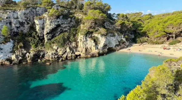 Aguas turquesas bañan las calas en Vera, rodeadas de acantilados rocosos y pinos frondosos. Un paraíso mediterráneo.