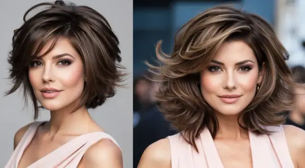 Zwei Porträts einer Frau mit einem modernen Stufenschnitt für feines Haar. Der Schnitt verleiht Volumen und Bewegung.