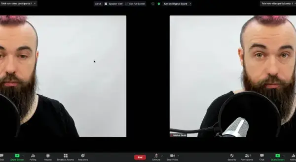 Test kamery: mężczyzna z brodą i różowym irokezem przed mikrofonem, w dwóch oknach.
