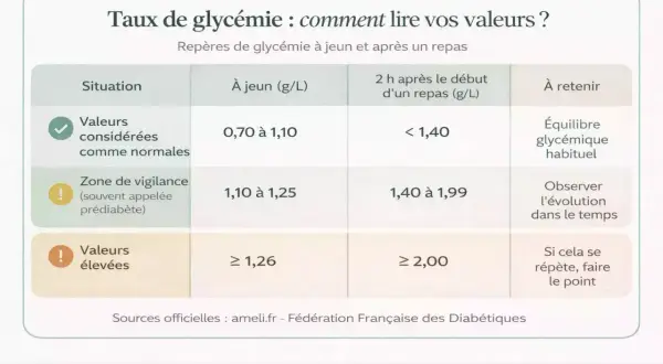 Tableau expliquant les valeurs de glycémie normales, de vigilance et élevées pour une femme, à jeun et après repas.