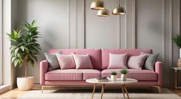 Przytulny salon w pudrowym różu i szarości. Miękka kanapa, stylowe lampy i zielona roślina tworzą relaksującą atmosferę.
