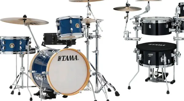 Zestaw perkusyjny Tama Club Jam gotowy do jam session. Bębny w kolorze niebieskim i czarnym, z błyszczącym wykończeniem.