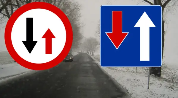 Znak pierwszeństwo dla nadjeżdżających z przeciwka. Na drodze zimą, znaki drogowe informują o ustąpieniu pierwszeństwa.