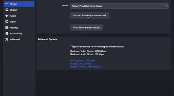 Einstellungen für YouTube-Streaming. Hier wird die Verbindung für deine Nintendo Switch zu Twitch eingerichtet.