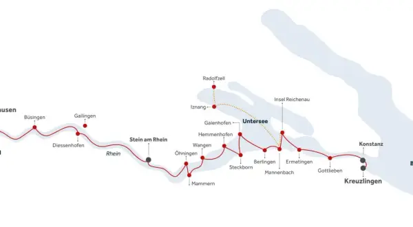 Karte zeigt eine Schifffahrtsroute von Konstanz über den Untersee und Rhein bis zum Rheinfall bei Schaffhausen.