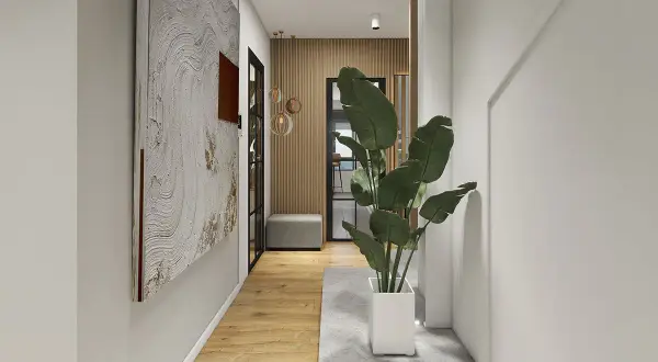 Un corridoio moderno con un grande quadro astratto e una pianta rigogliosa. Ottime idee per la parete del corridoio, con pannelli in legno e illuminazione soffusa.