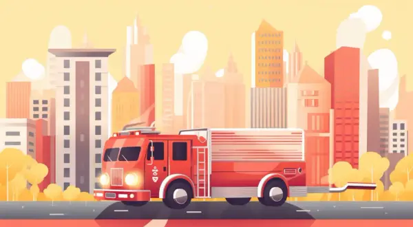 Rotes Feuerwehrauto fährt durch eine stilisierte Stadt. Eine spannende bewegungsgeschichte feuerwehr für Kinder.