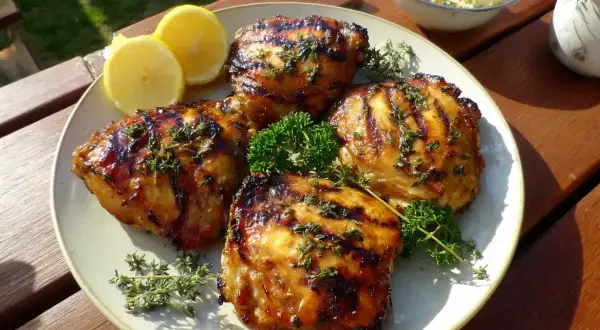 Grillad, saftig marinera kyckling med örter och citronklyftor på en tallrik. Perfekt sommarmat!