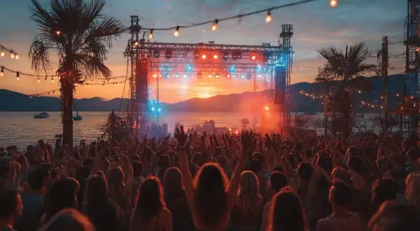 Foule en délire devant une scène illuminée au coucher du soleil, ambiance de festival en Croatie. Palmiers et guirlandes lumineuses ajoutent à la magie.