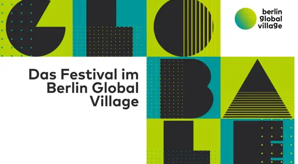 Das Festival im Berlin Global Village: bunte Grafik mit Buchstaben und Logo.