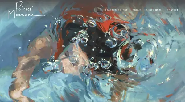 Abstract underwater scene with bubbles, part of Poirier Mozzone's artist websites, showcasing "Fractured Light.