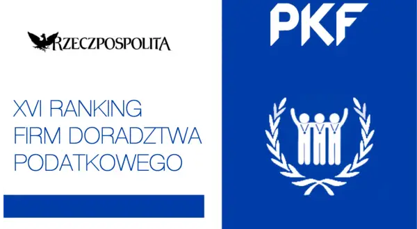Logo Rzeczpospolitej, tekst "XVI RANKING FIRM DORADZTWA PODATKOWEGO" i logo PKF z wieńcem laurowym.