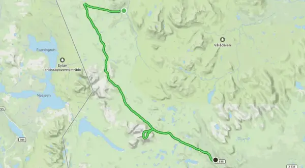 Karta över en vandringsled mellan Blåhammaren och Storulvån, genom Sylene landskapsvernområde.