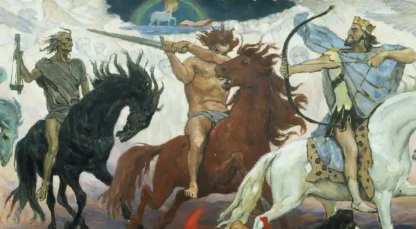 Czterej jeźdźcy Apokalipsy św. Jana: Śmierć, Wojna, Głód i Zwycięstwo. Streszczenie wizji końca świata.