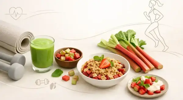 Zdrowe śniadanie z rabarbarem: smoothie, musli i deser z jogurtem. Idealne na początek dnia pełnego energii.